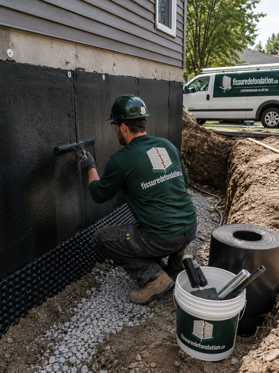 Application d'une membrane d'étanchéité sur un mur de fondation excavé
